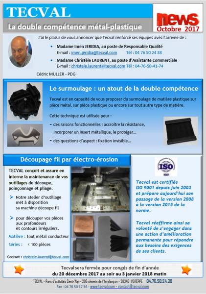 Tecval, découpe emboutissage, injection plastique, lettre d'information 10/17